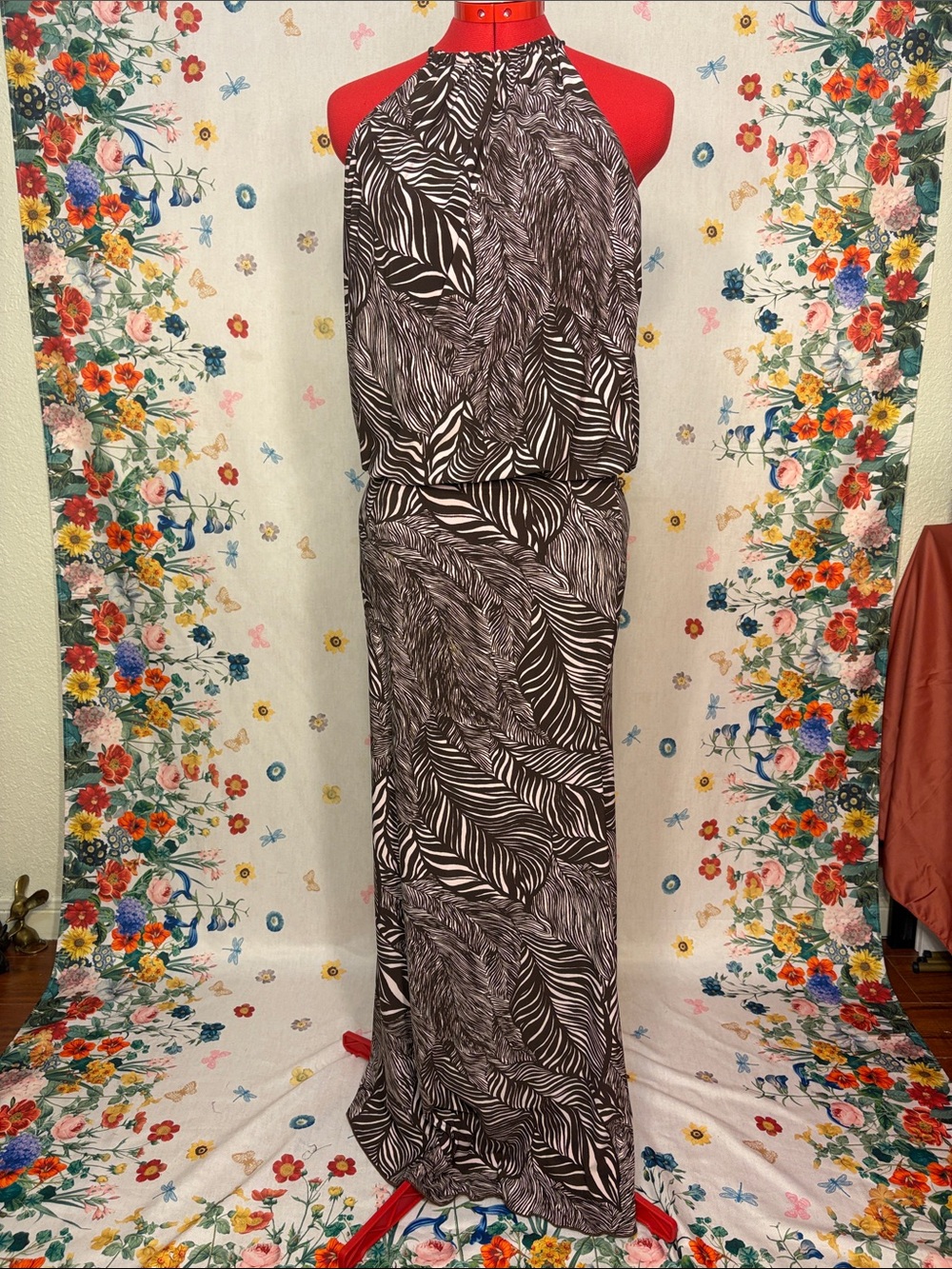 Frou Frou LA Boutique - Coffee & Cream Woodblock Style Print Fab Maxi Dress